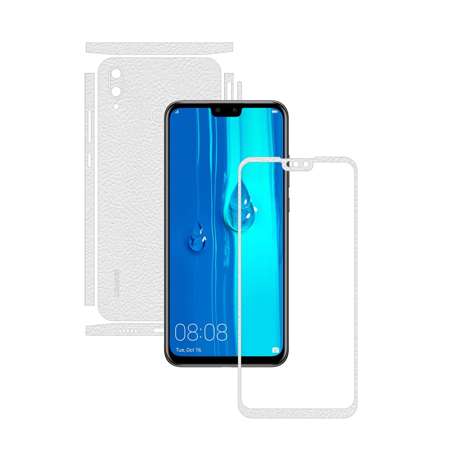 Folie Protectie Carbon Skinz pentru Huawei Y9 (2019) - Piele Alba Split Cut, Skin Adeziv Full Body Cover pentru Rama Ecran, Carcasa Spate si Laterale