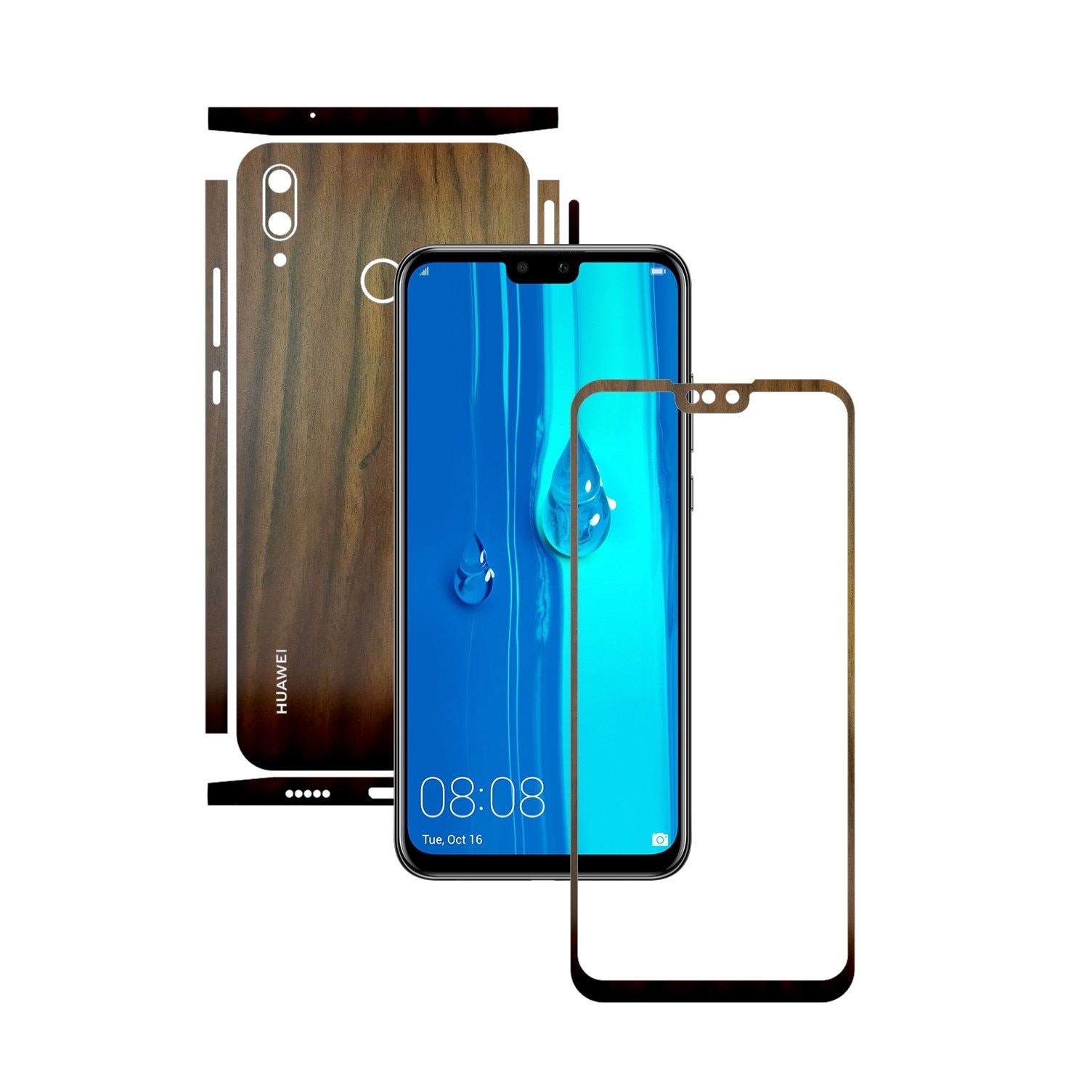 Folie Protectie Carbon Skinz pentru Huawei Y9 (2019) - Lemn Nuc Split Cut, Skin Adeziv Full Body Cover pentru Rama Ecran, Carcasa Spate si Laterale