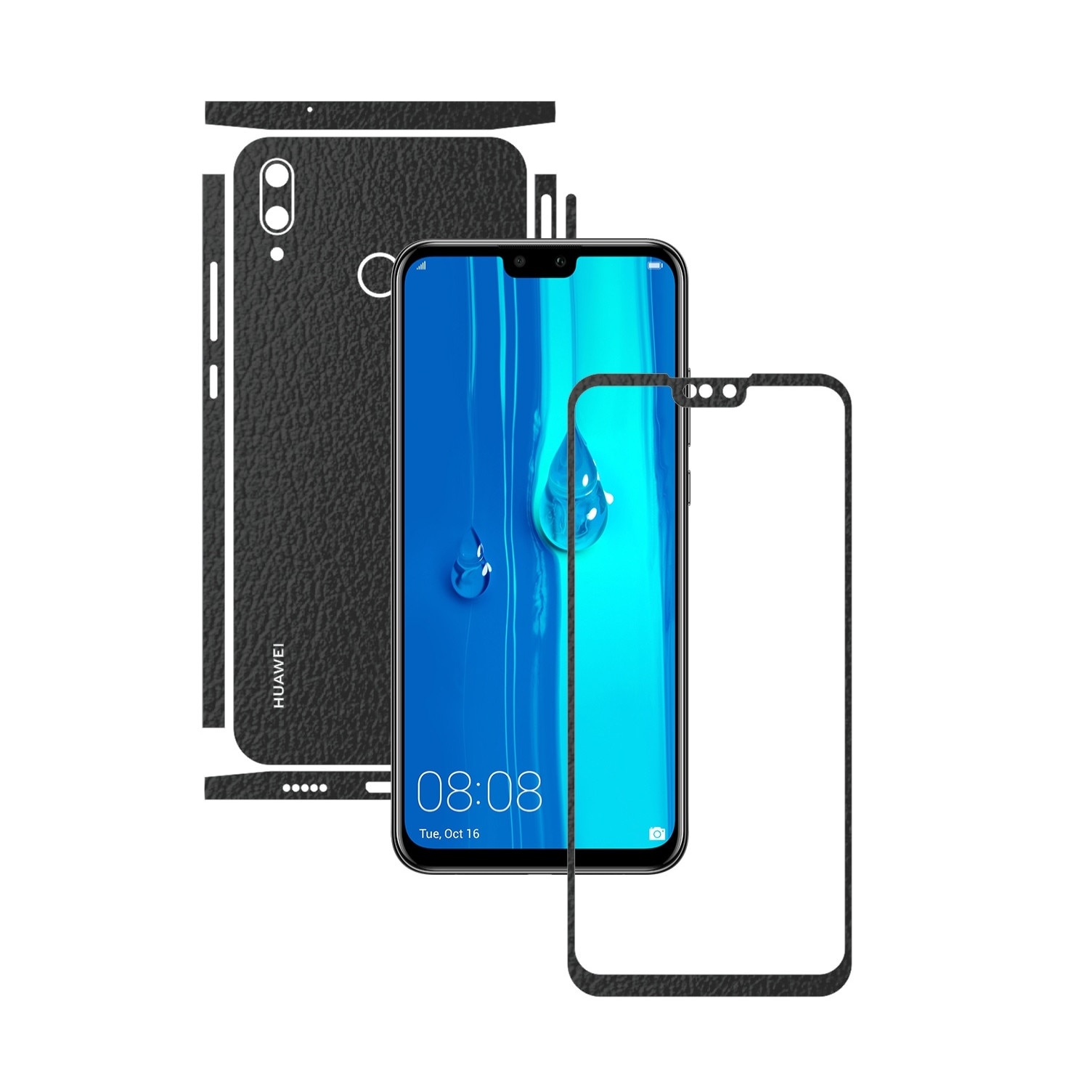 Folie Protectie Carbon Skinz pentru Huawei Y9 (2019) - Piele Neagra Split Cut, Skin Adeziv Full Body Cover pentru Rama Ecran, Carcasa Spate si Laterale