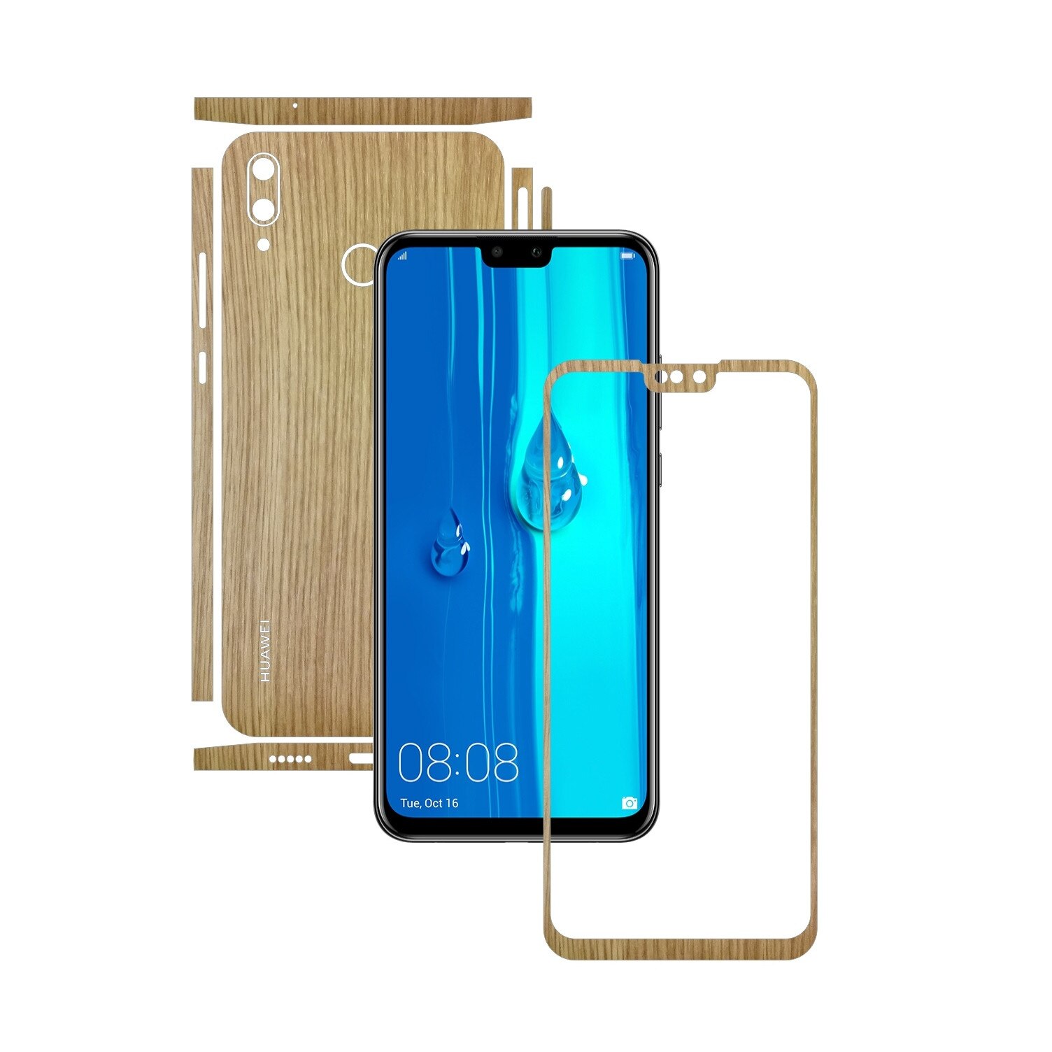 Folie Protectie Carbon Skinz pentru Huawei Y9 (2019) - Lemn Stejar Split Cut, Skin Adeziv Full Body Cover pentru Rama Ecran, Carcasa Spate si Laterale