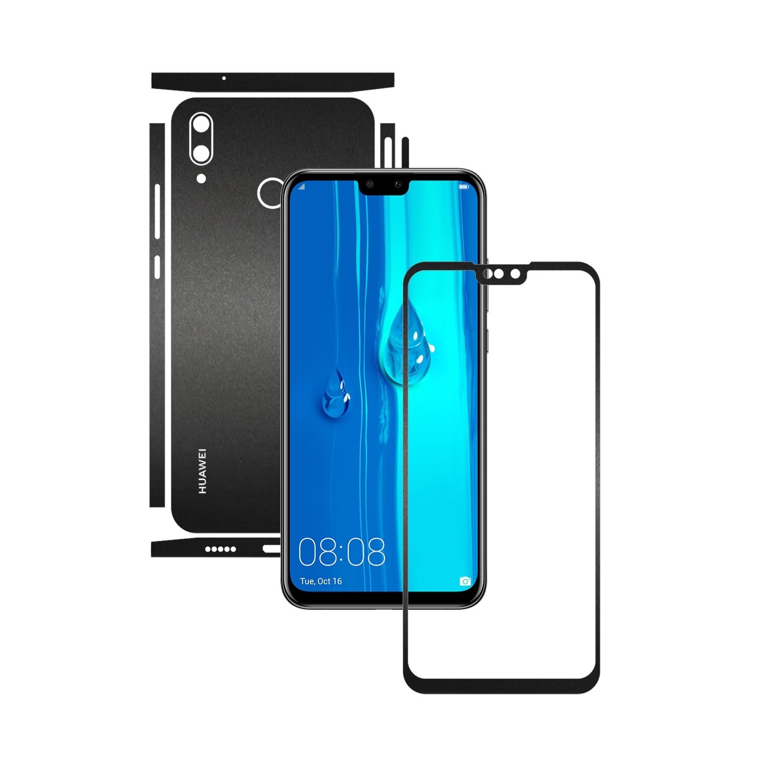 Folie Protectie Carbon Skinz pentru Huawei Y9 (2019) - Negru Mat Split Cut, Skin Adeziv Full Body Cover pentru Rama Ecran, Carcasa Spate si Laterale