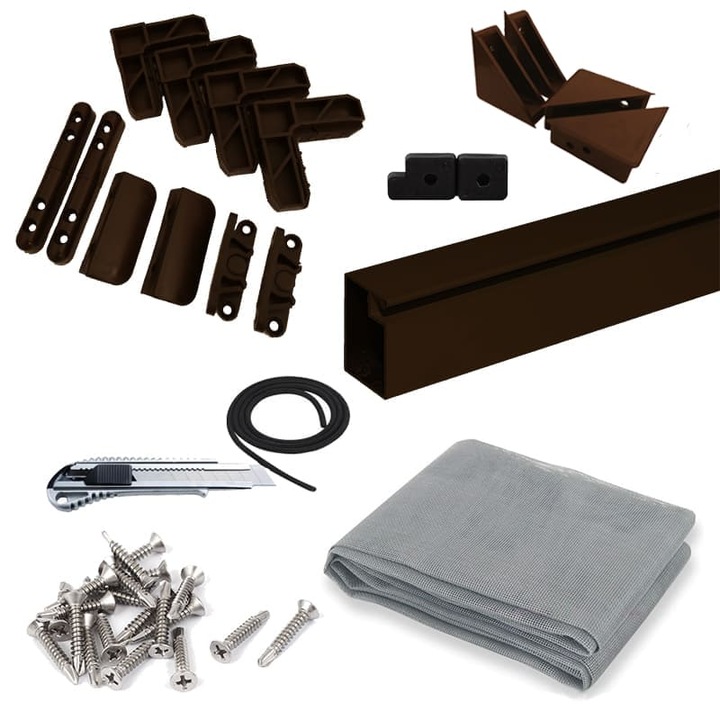 Kit complet plasa insecte, pe balamale, pentru usa, culoare maro RAL8017