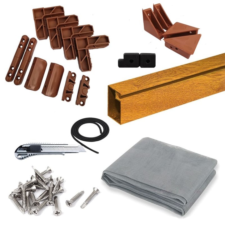 Kit complet plasa insecte, pe balamale, pentru usa, culoare stejar auriu