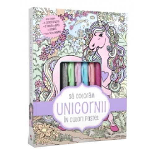 Sa coloram unicornii in culori pastel (4 carioci pastel, 2 tuburi de lipici cu sclipici)