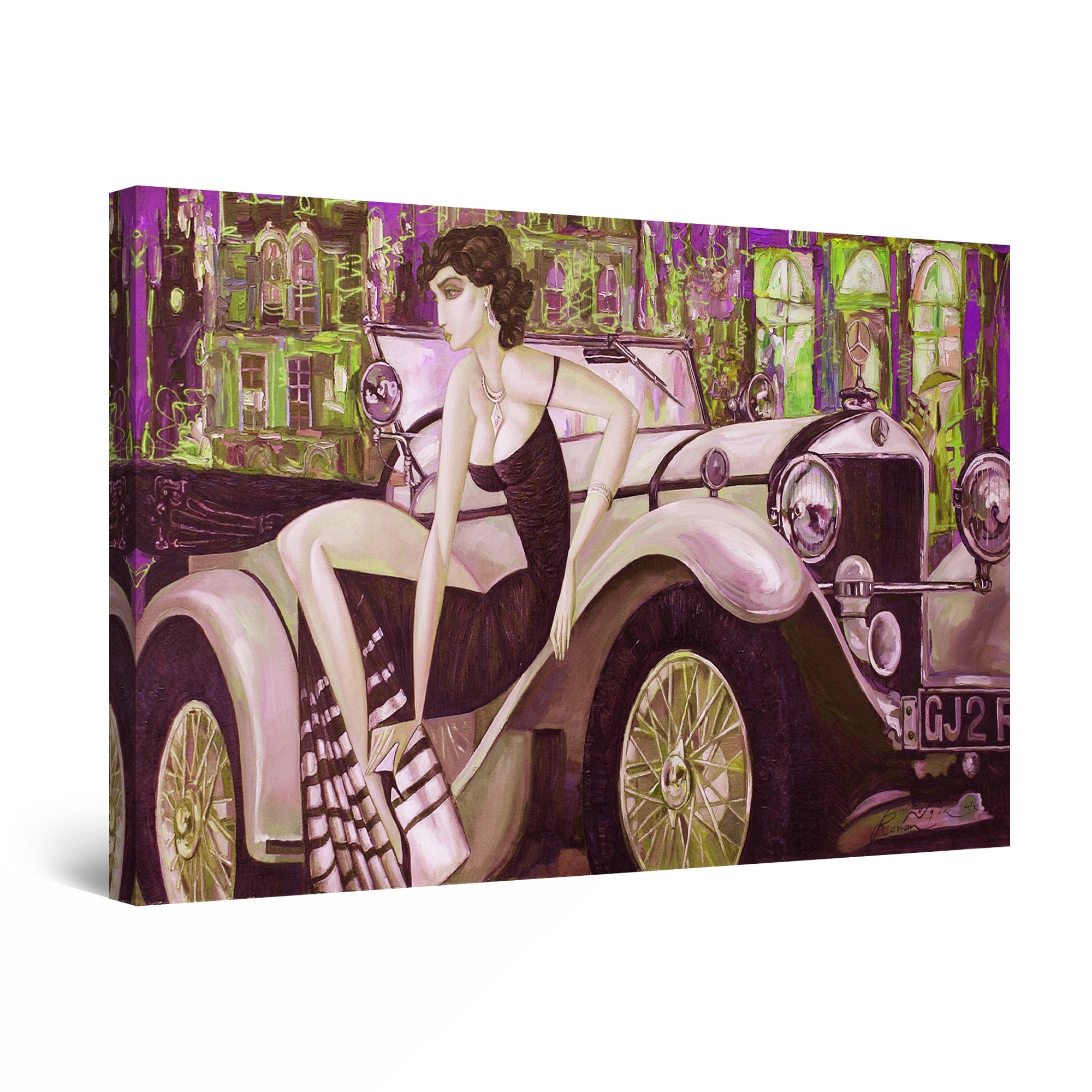 Tablou DualView Startonight Femeia cu masina retro, luminos in intuneric, 80 cm x 120 cm