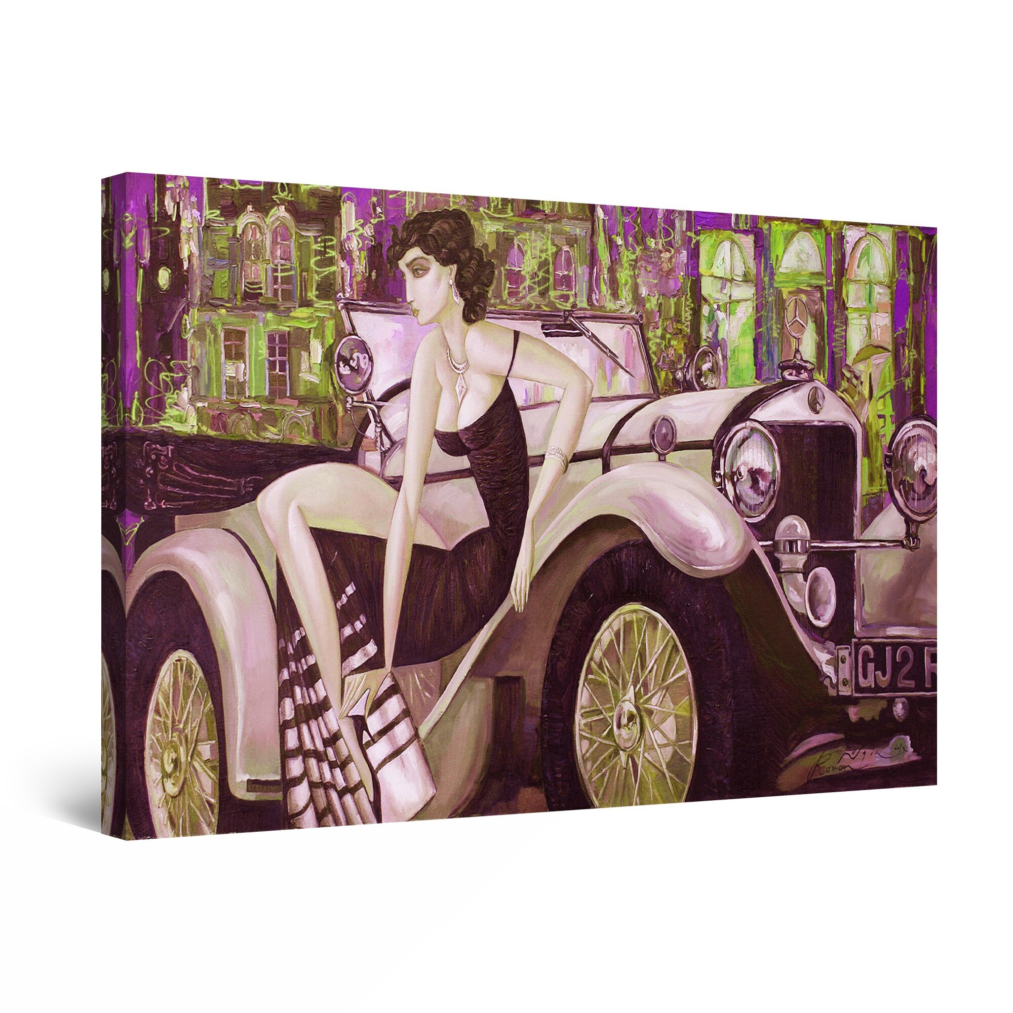 Tablou DualView Startonight Femeia cu masina retro, luminos in intuneric, 60 cm x 40 cm