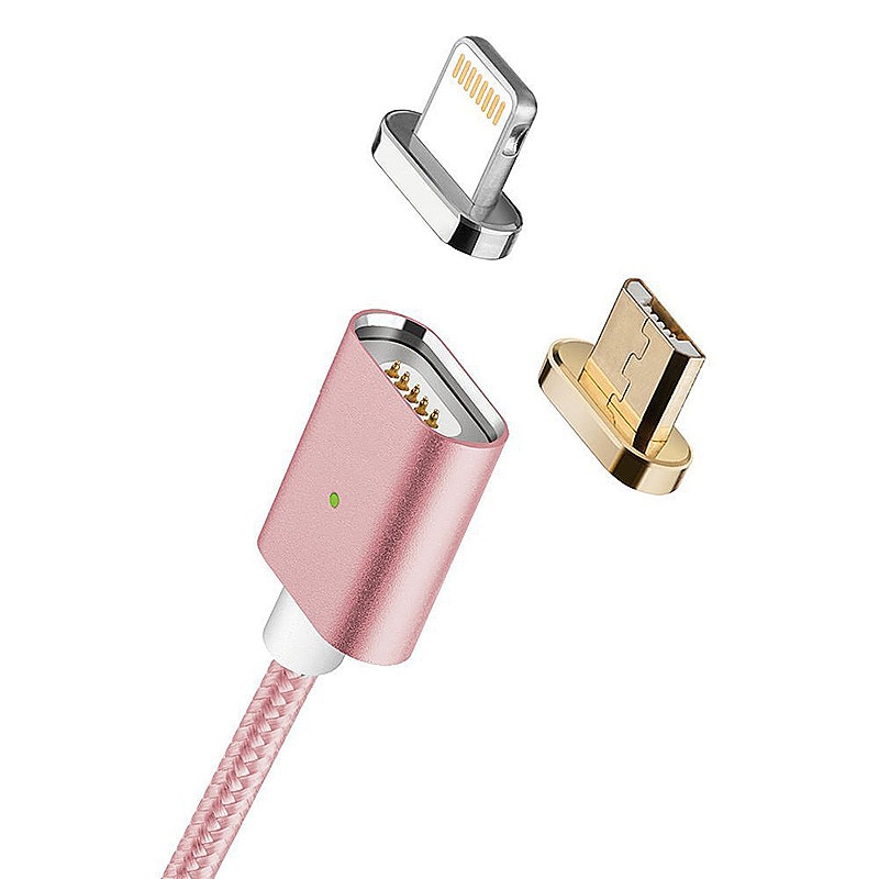 Cablu de date / incarcare magnetic 2 in 1 Micro USB, Lightning 1m, textil, Rose Gold, BBL837