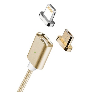 Cablu de date / incarcare magnetic 2 in 1 Micro USB, Lightning 1m, textil, Auriu, BBL838 Cablu de date / incarcare magnetic 2 in 1 Micro USB, Lightning 1m, textil, Auriu, BBL838