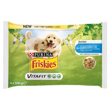 Hrana Friskies Junior plic cu pui si mazare in jeleu pentru caini 4 X 100 g Hrana Friskies Junior plic cu pui si mazare in jeleu pentru caini 4 X 100 g