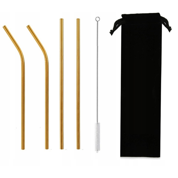 Set Premium 4 Paie Metalice Reutilizabile, 21.5 cm, din Otel Inoxidabil Auriu. Ideale pentru Cocktailuri, Smoothie-uri, Sucuri si Bauturi Eco-Friendly. Include Perie Speciala de Curatare. Durabile, Elegante, Sigure. Alternativa Sustenabila