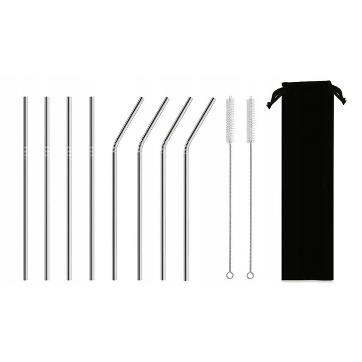 Set 8 Paie Metalice Reutilizabile Premium, Otel Inoxidabil Profesional, Durabile & Ecologice, pentru Cocktailuri, Cafea Rece, Smoothie, Whiskey, Bauturi Fructe. Ideal Bar, Acasa, Petreceri. Culoare Argintiu, Dimensiune Standard 215x6mm