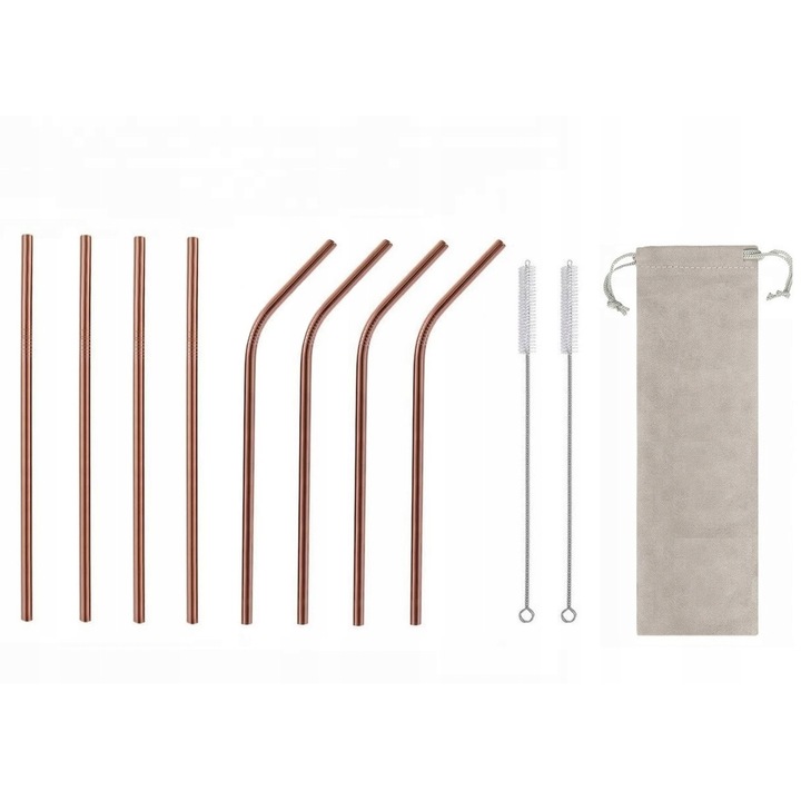 Set Premium 8 Paie Reutilizabile din Otel Inoxidabil Auriu, Eco-Friendly, pentru Whiskey, Cocktailuri si Bauturi, cu 2 Perii de Curatare, Dimensiune 215x6mm – Ideal pentru Bar, Acasa, Petreceri, Cadou Elegant si Durabil