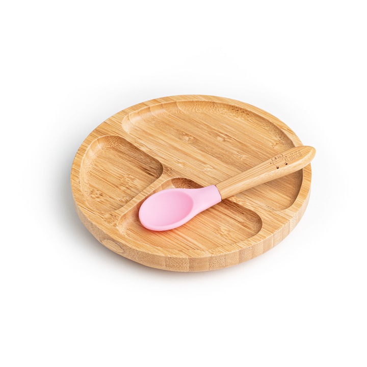 Oaki gyermek bambusz etető készlet, tányér, kanál, rózsaszín