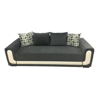 Canapea extensibila Eva, MobAmbient, Gri Crem, material textil, extensie din plasa de arcuri tip relaxa, cu lada de depozitare, 4 perne incluse, 240 x 140 cm Canapea extensibila Eva, MobAmbient, Gri Crem, material textil, extensie din plasa de arcuri tip relaxa, cu lada de depozitare, 4 perne incluse, 240 x 140 cm