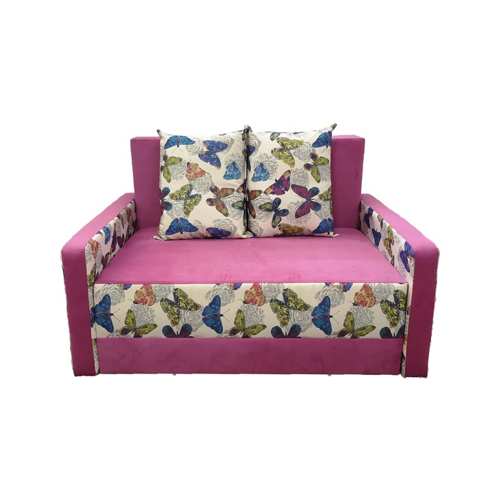 Canapea extensibila Isabel, MobAmbient, Roz, material textil, extensie din plasa de arcuri tip relaxa, cu lada de depozitare, 2 perne incluse, 160x190 cm