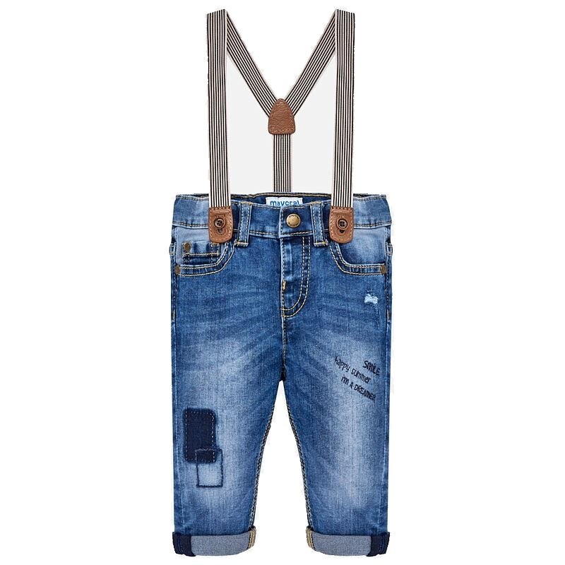 Pantaloni lungi bretele tapered fit bebe baiat, Mayoral, 1529PV19LIG, albastru, 18 luni