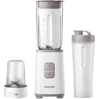 Mini blender Philips HR2603/00, 350 W, 1 L, 2 viteze, recipient on-the-go, multitocator, Alb Mini blender Philips HR2603/00, 350 W, 1 L, 2 viteze, recipient on-the-go, multitocator, Alb