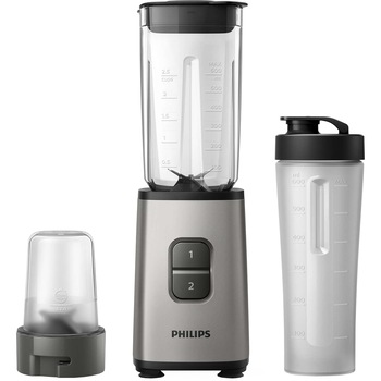Mini blender Philips HR2604/80, 350 W, 1 L, 2 viteze, recipient on-the-go, Gri/Negru Mini blender Philips HR2604/80, 350 W, 1 L, 2 viteze, recipient on-the-go, Gri/Negru