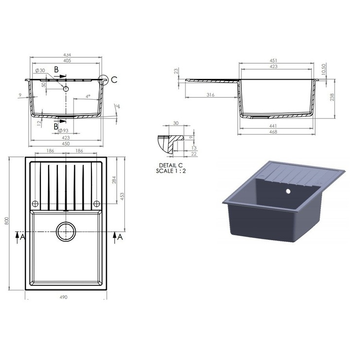 Chiuveta cu scurgator ,Granixit, 800x490x210mm, Gri Milky way