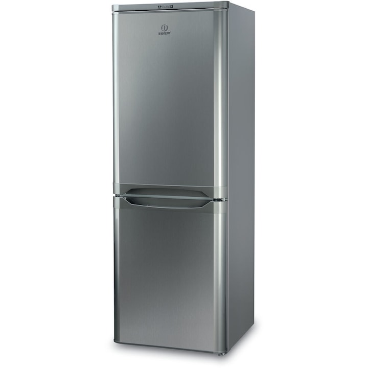 Хладилник с фризер Indesit NCAA55NX, клас F, 228л. общ обем, Полезен обем на хладилника 154 l, Полезен обем на камерата 74 l, свободностоящ, 263 kWh/годишно, статична система за охлаждане, стъклени полици, инокс