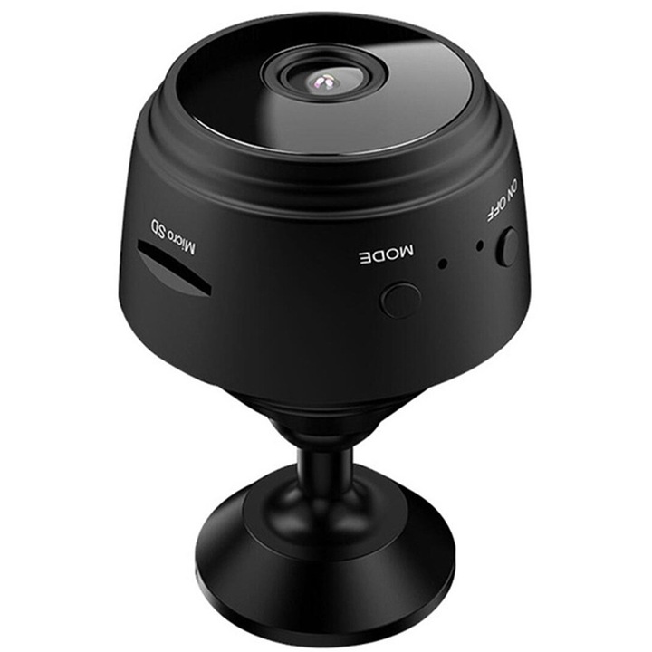 Mini camera spion 1Tech A9, Cu microfon, WI-FI, Vedere nocturna, Aplicatie pentru smartphone, Negru