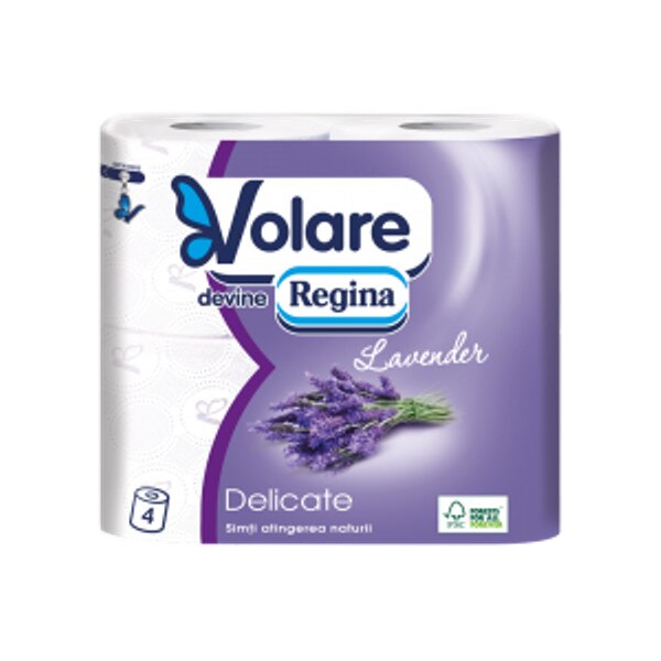 Hartie igienica Volare Regina Lavender Delicate trei straturi alba, decor 4 role