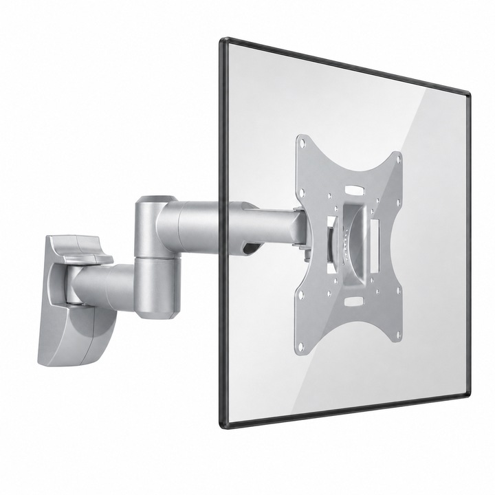 Suport TV de perete universal reglabil Maclean MC-503S pentru TV 23-42'', max 30kg, pivotant, metal argintiu, inclinare ±20°, distanta 90-470 mm, VESA 75x75, 100x100, 200x100, 200x200 mm