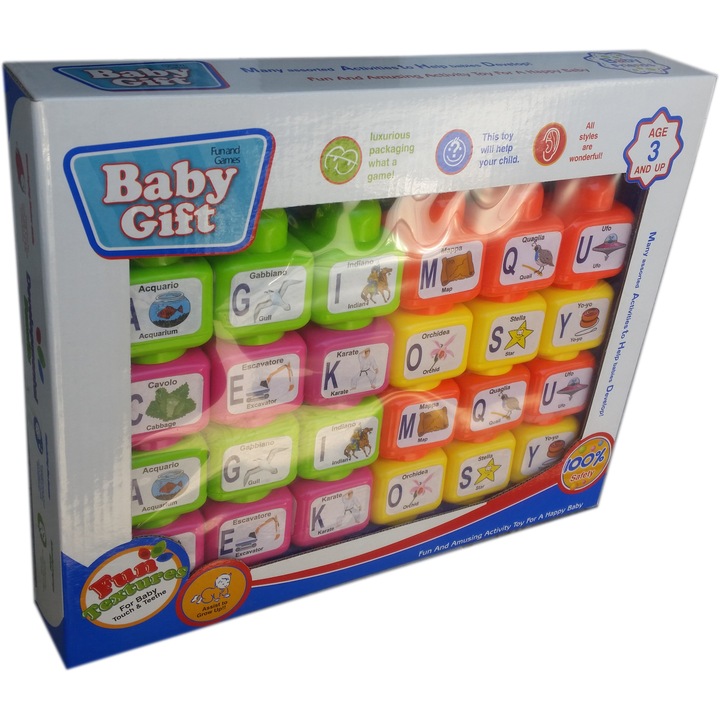 Детски комплект Kristaltoys с 24 пластмасови кубчета с картинки, букви и думи