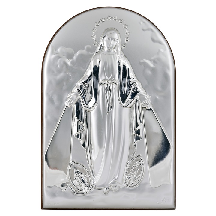 Icoana placata cu argint - Sfanta Fecioara Maria Miraculoasa la Fatima - Arcada, finisaj lemn alun, 9x6 cm, 2/5