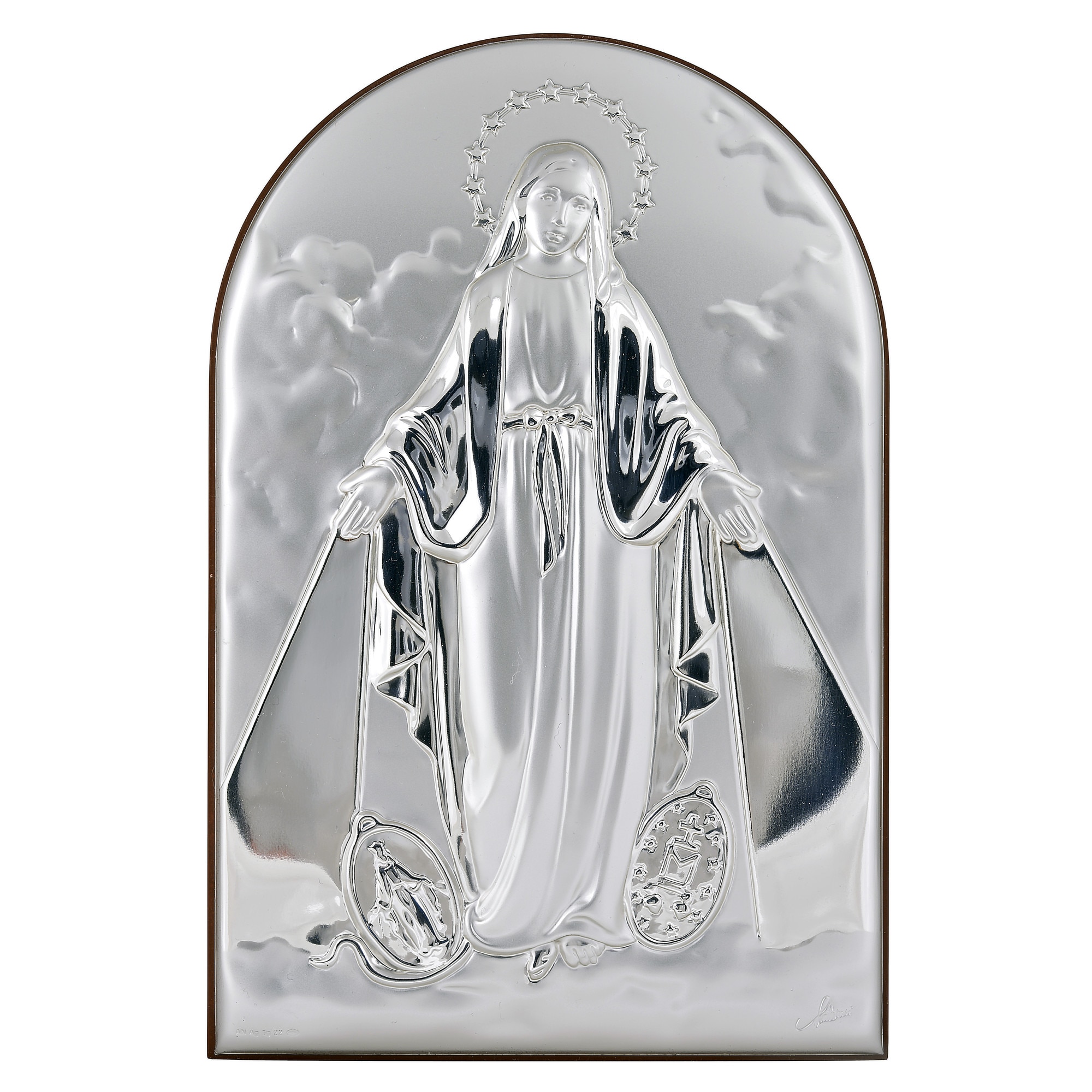Icoana placata cu argint - Sfanta Fecioara Maria Miraculoasa la Fatima - Arcada, finisaj lemn alun, 20x13 cm, 4/5