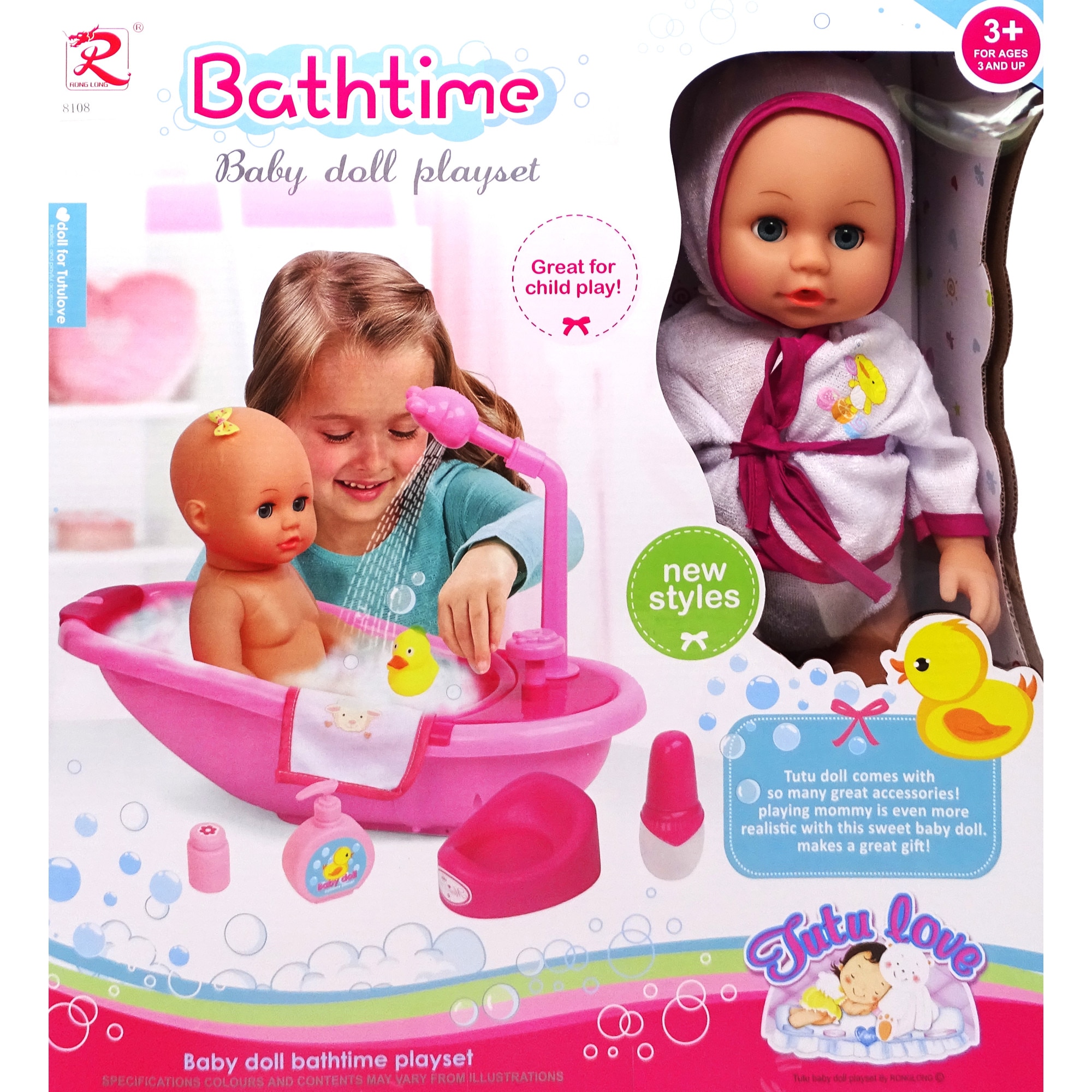 Set papusa Bathtime TUTU cu Cada si 6 Accesorii, Roz