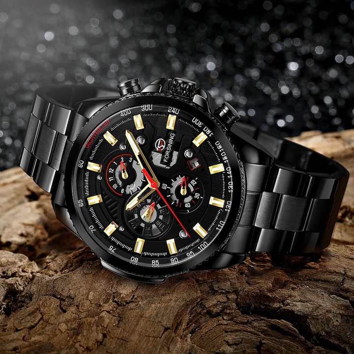 Forsining FSG694615 férfi karóra, sportmodell, fekete rozsdamentes acél karkötő, automata mechanizmus, teljes naptár, 3ATM vízálló + díszdoboz