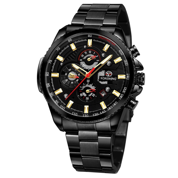 Мъжки часовник Forsining, Спортен модел, Неръждаема стомана, Автоматичен механизъм, 3ATM водоустойчив, Черен