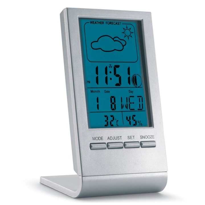 Statie meteo, Szevastock, Afisaj LCD, 10.5 × 5.5 × 5 cm, diverse afisaje, temperatura, umiditate, ceas, calendar, Argintiu