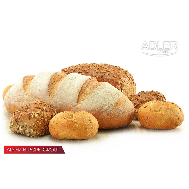 Masina de paine ADLER AD 6019,gluten free, 2 palete framantare, 850 W, 1250 g, 12 Programe, afisaj LCD, Alb