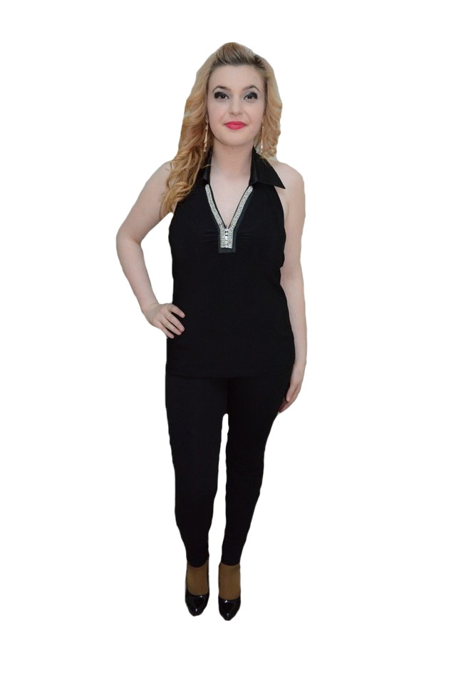Top guler ascutit, decolteu in V si spatele gol, D&J Exclussive, Negru