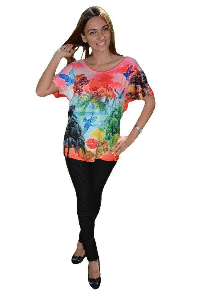 Tricou lejer de vara cu imprimeu multicolor,design cu strasuri fine,D&J Exclussive, Corai