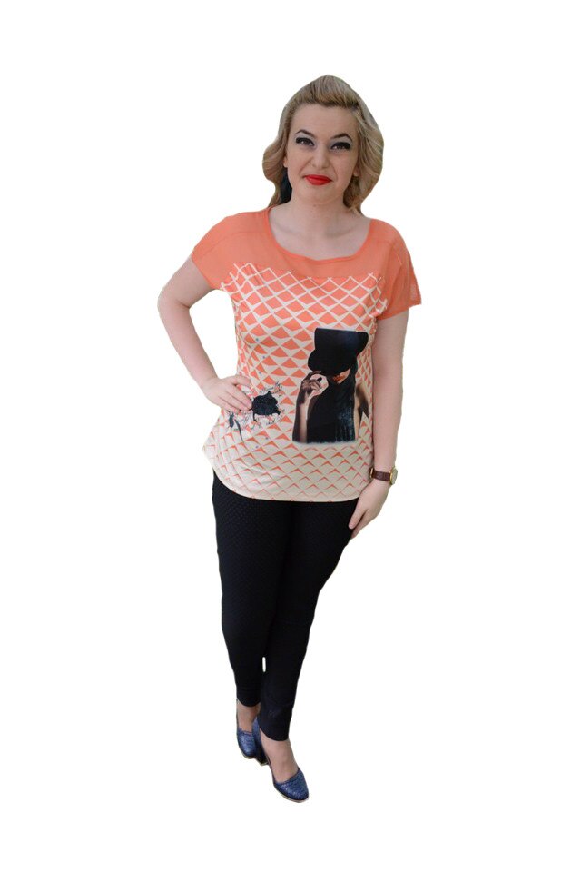 Tricou rafinat, cu croi lejer si maneca scurta pentru vara,cu tul fin,D&J Exclussive, Portocaliu