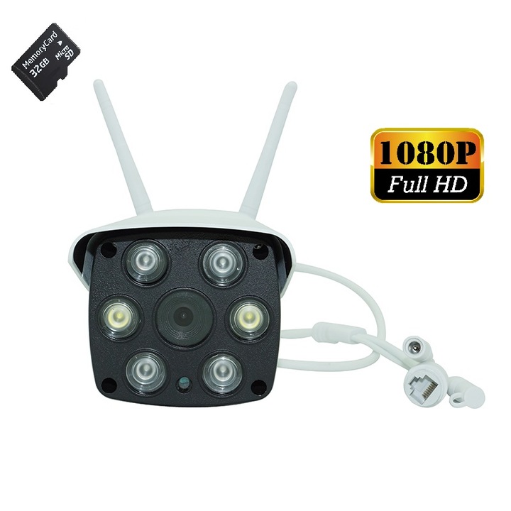 Безжична IP камера за наблюдение за открити пространства MRSAFETY MR-1080 A6 full HD 1920x1080 p двупосочна комуникация бяла светлина SD карта 32 GB подарък