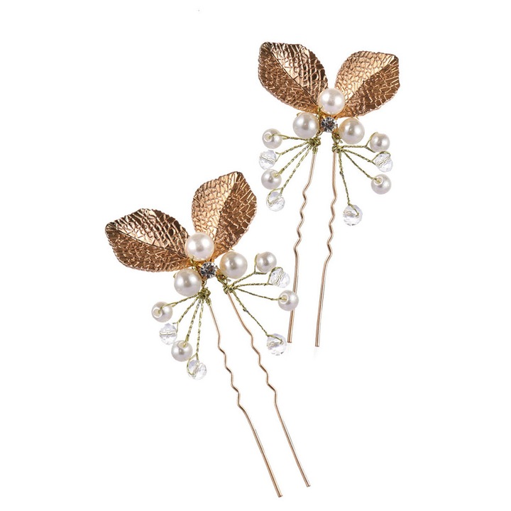 Set doua agrafe pentru mireasa cu frunze, perle si cristale albe, Auriu