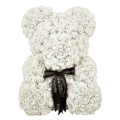 Ursulet Art Flower din trandafiri de spuma alb H 25