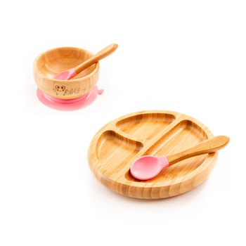 Pachet castronas, farfurie si 2 lingurite Oaki, roz Pachet castronas, farfurie si 2 lingurite Oaki, roz