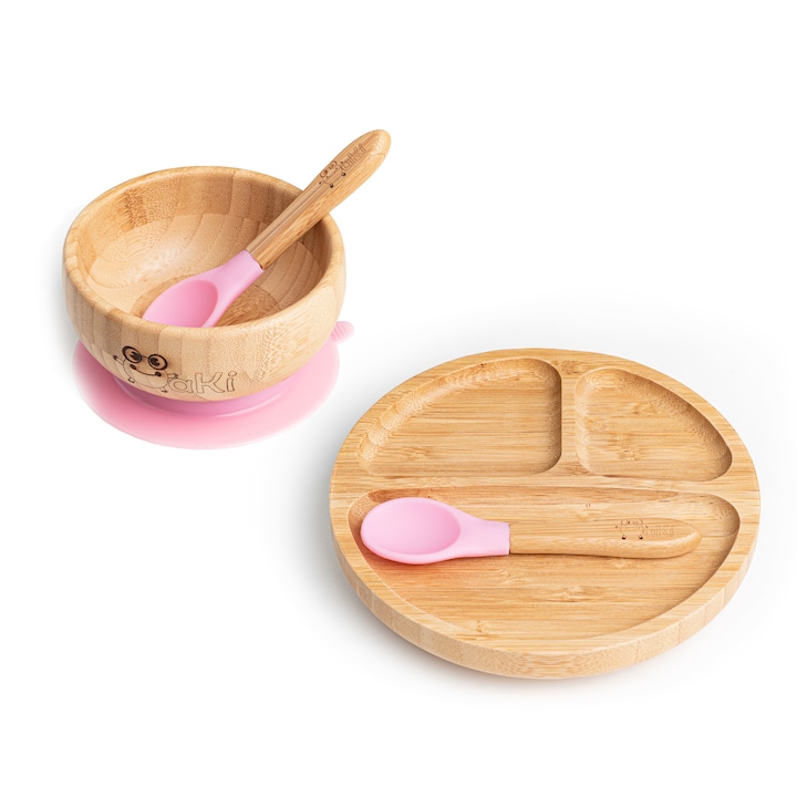 Oaki gyermek bambusz etető készlet, tányér és 2 kanál, rózsszín