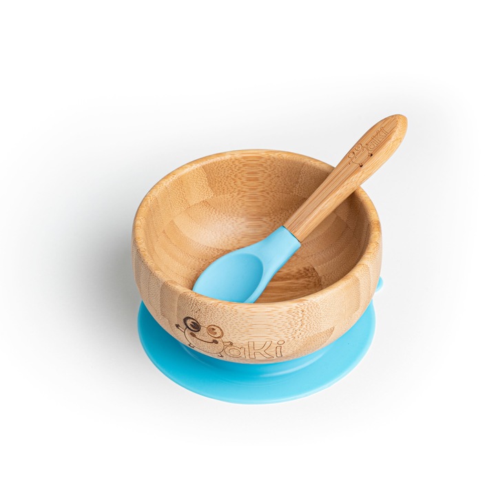 Oaki gyermek bambusz etető készlet, tányér és bambusz kanál, kék