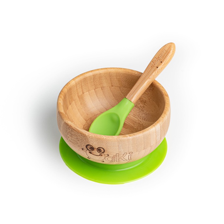 Oaki gyermek bambusz etető készlet, tányér és bambusz kanál, zöld