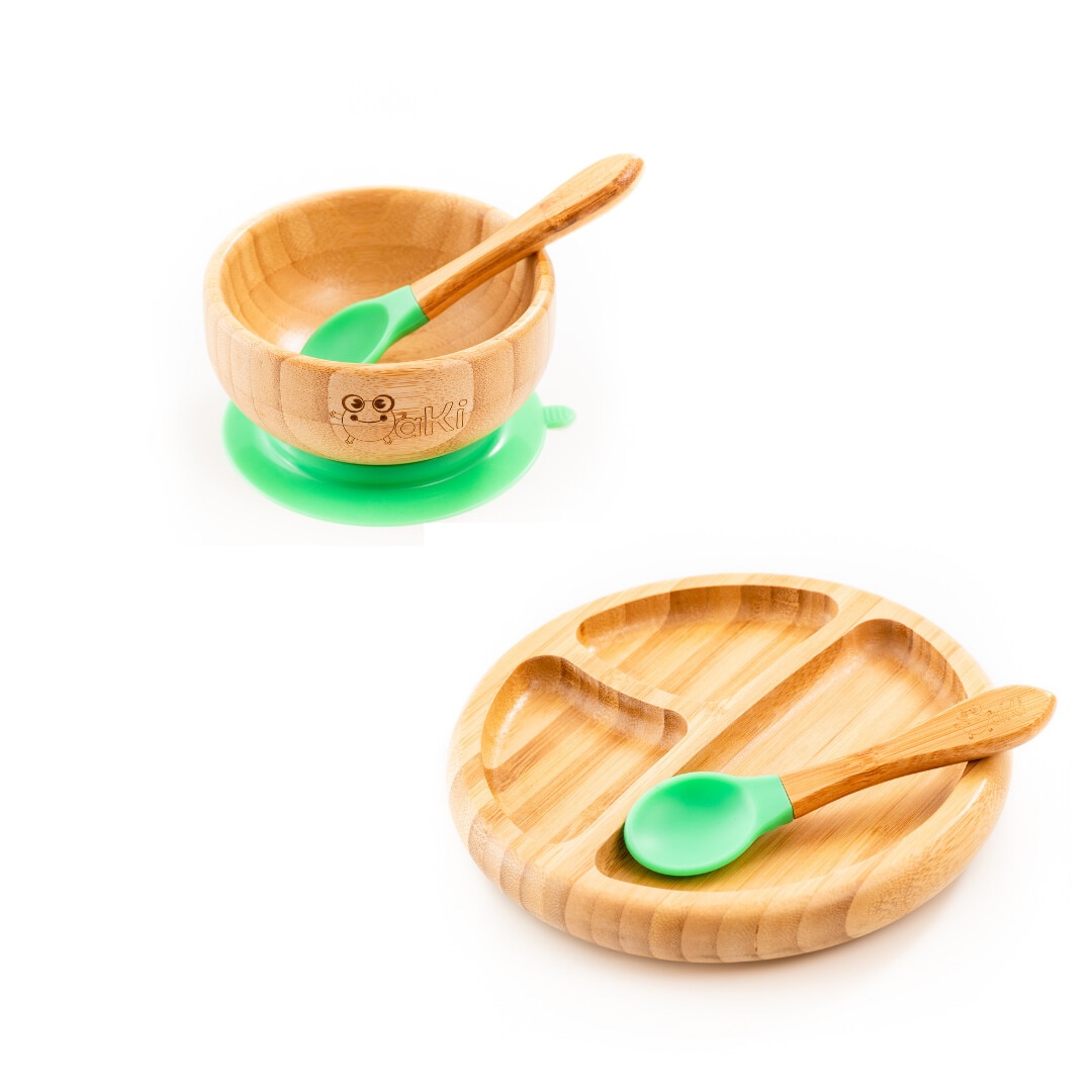 Pachet castronas, farfurie si 2 lingurite Oaki, verde