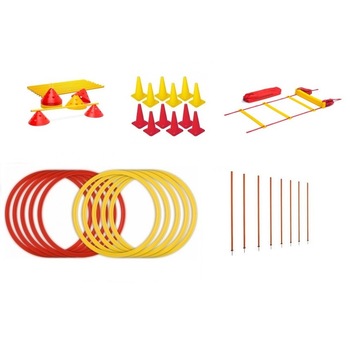 Set pentru antrenament Neumann, compus din 8 bare de antrenament de 1,60 m cu cap metalic, o scarita de coordonare de 8 m, 20 multi jaloane, 10 cercuri de coordonare de 50 cm, 12 conuri de antrenament de 23 cm si 10 bare de antrenament de 1 m Set pentru antrenament Neumann, compus din 8 bare de antrenament de 1,60 m cu cap metalic, o scarita de coordonare de 8 m, 20 multi jaloane, 10 cercuri de coordonare de 50 cm, 12 conuri de antrenament de 23 cm si 10 bare de antrenament de 1 m