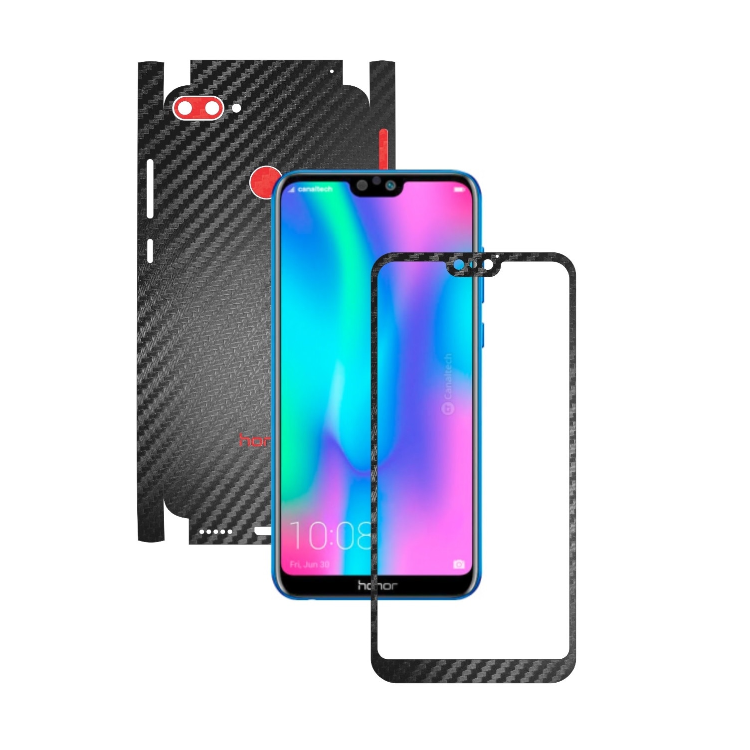 Folie Protectie Carbon Skinz pentru Huawei Honor 9N (9i) 2018 - Carbon Two Tone Negru / Rosu, Skin Adeziv Full Body Cover pentru Rama Ecran, Carcasa Spate si Laterale