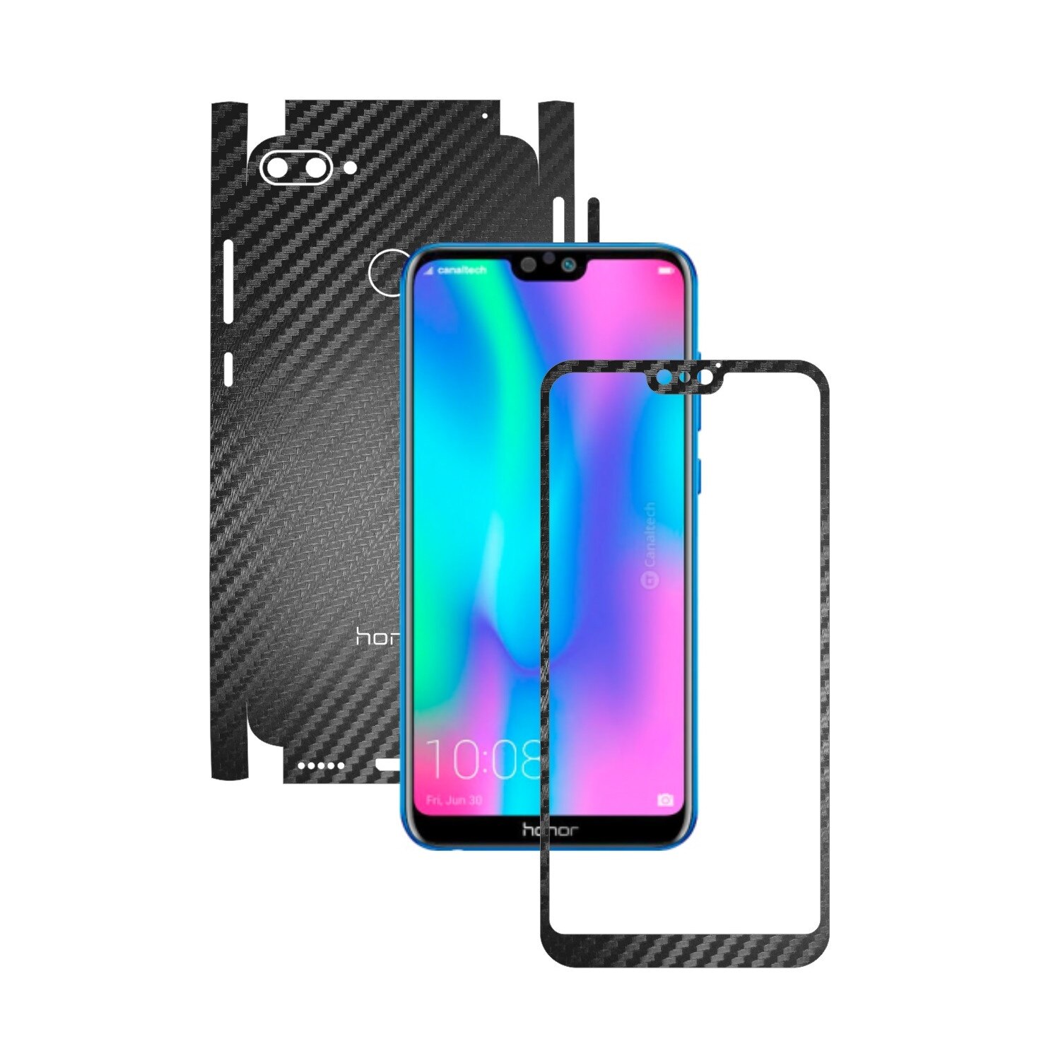 Folie Protectie Carbon Skinz pentru Huawei Honor 9N (9i) 2018 - Carbon Negru 360 Cut, Skin Adeziv Full Body Cover pentru Rama Ecran, Carcasa Spate si Laterale