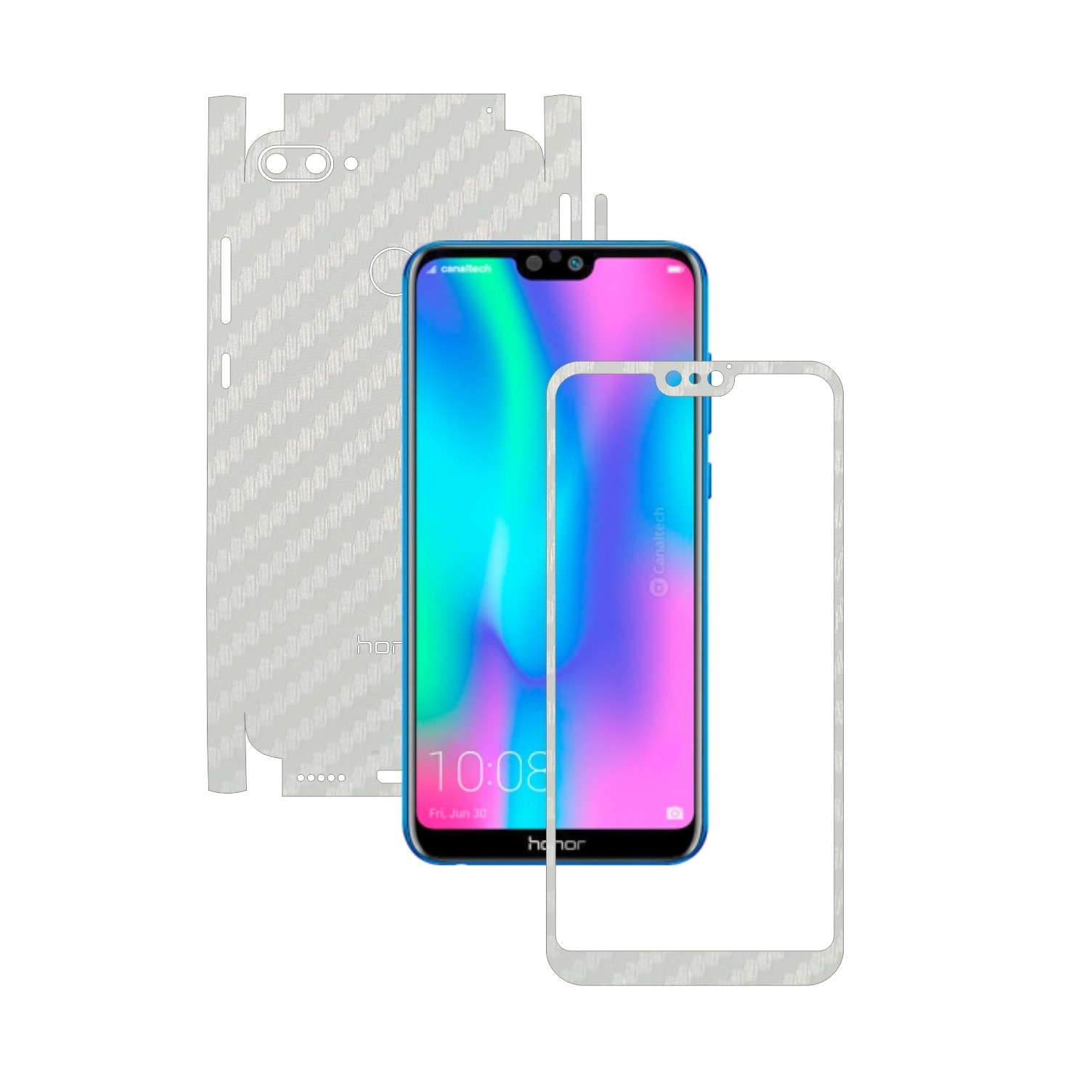 Folie Protectie Carbon Skinz pentru Huawei Honor 9N (9i) 2018 - Carbon Alb 360 Cut, Skin Adeziv Full Body Cover pentru Rama Ecran, Carcasa Spate si Laterale